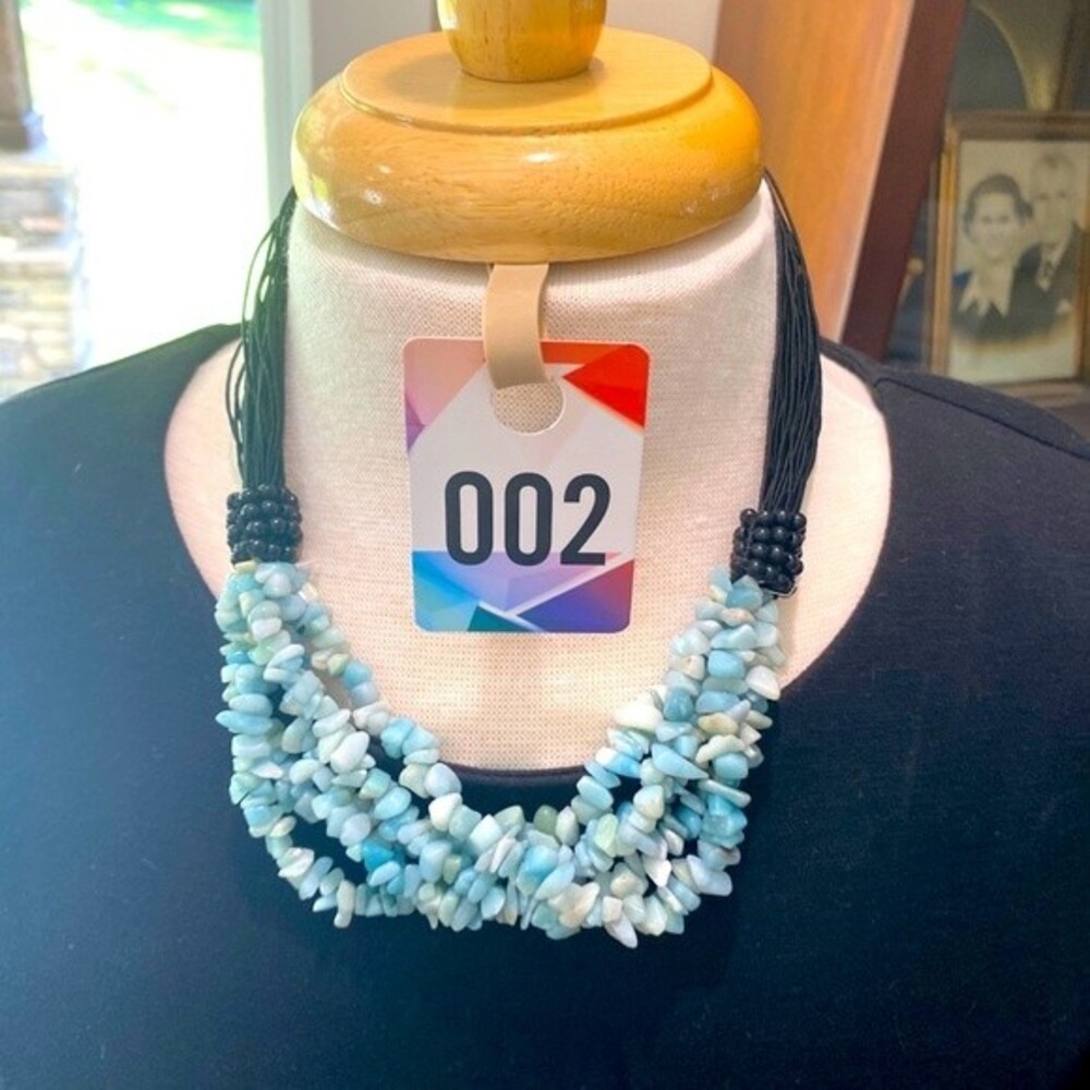 RJ2) Turquoise Chip Bead Choker Style Necklace Multi Strand Black Cord Sides
